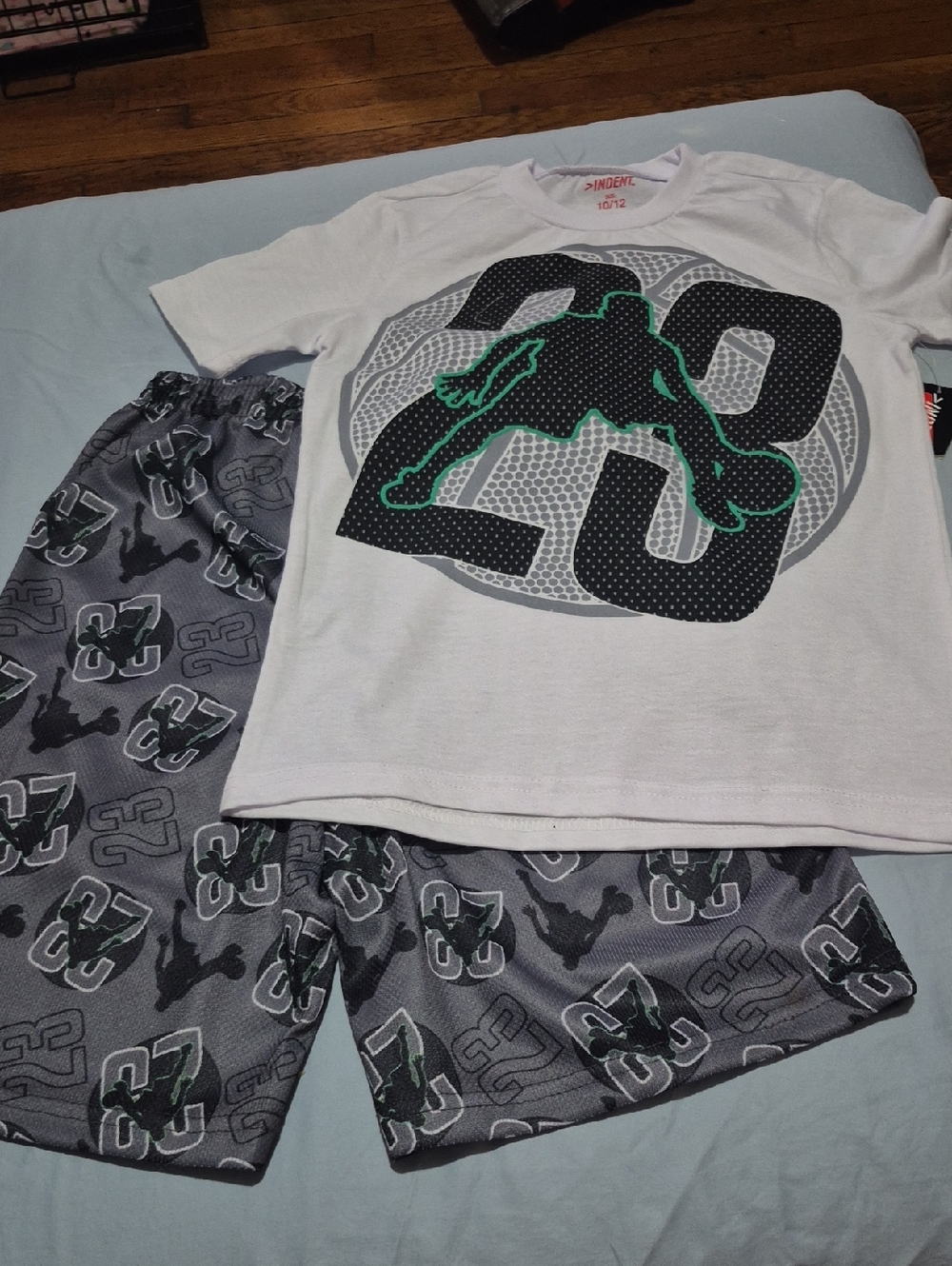 Kids 2-Piece White & Gray Athletic Set with Green Accent
